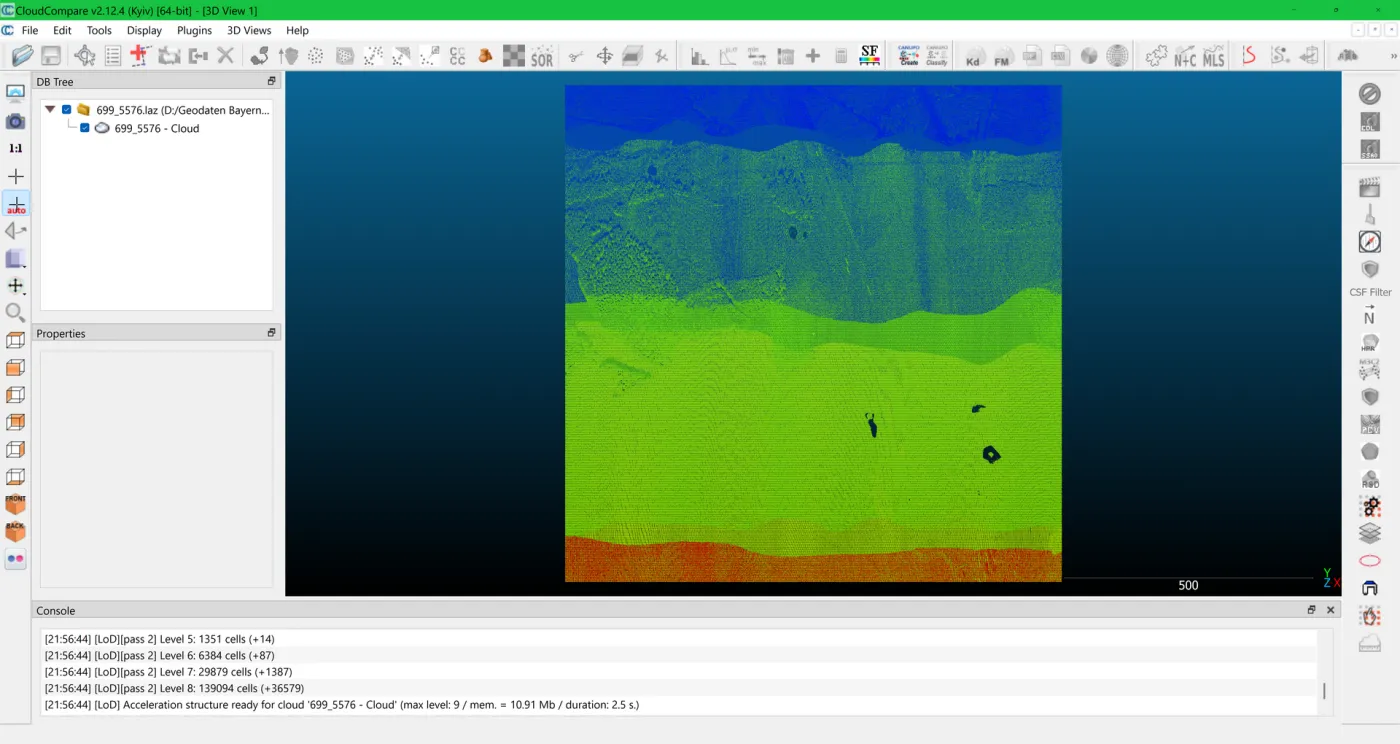 CloudCompare interface with an airborne LiDAR point cloud in LAZ coloured by elevation, the DB tree on the left and the console below