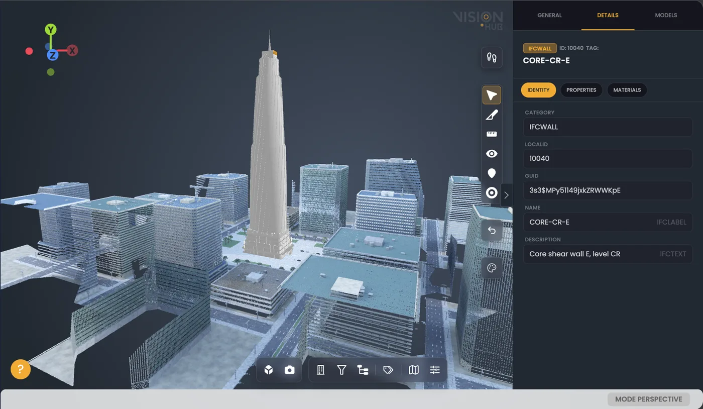 Properties of a wall in the IFC model selected over the point cloud in VisionHub