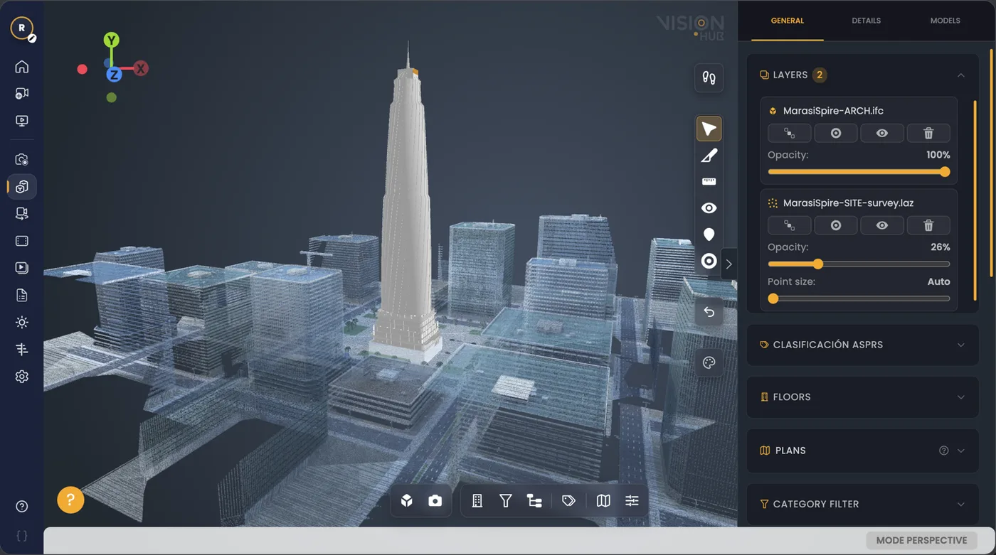 Architectural IFC model overlaid on the survey’s LAZ point cloud in the VisionHub web viewer