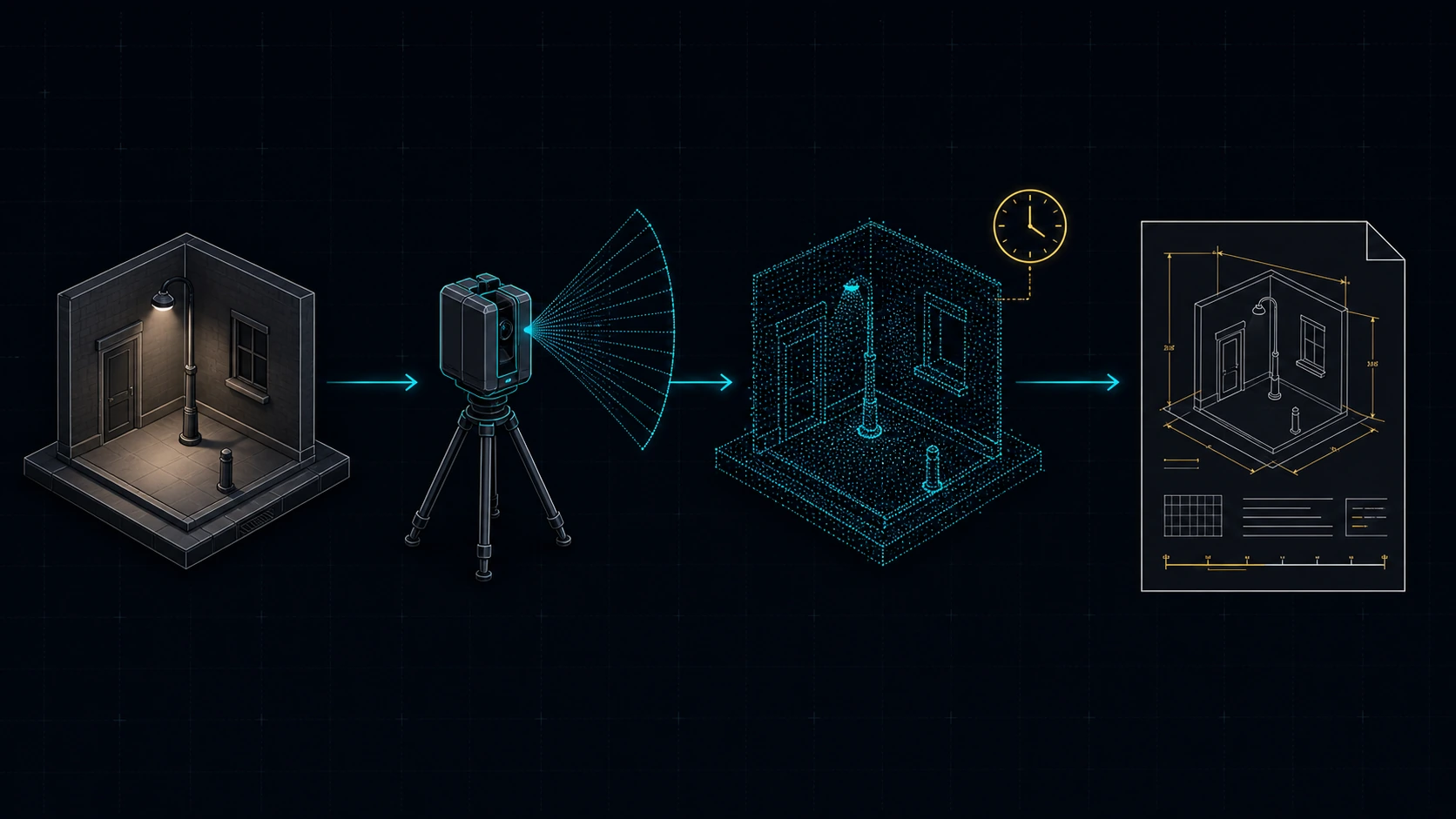 Diagrama del flujo de escaneado 3D forense: escena, escáner láser, nube de puntos con marca temporal y documentación medida