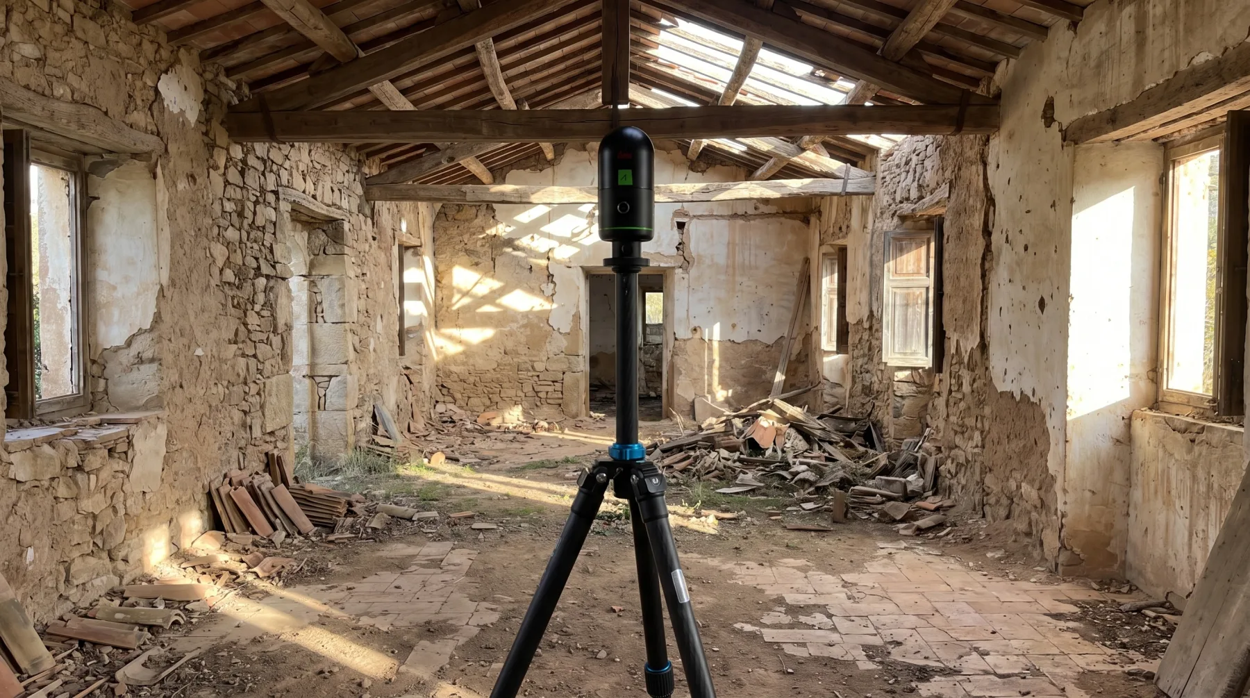 Leica BLK360 scanning the interior of a ruined farmhouse before its refurbishment
